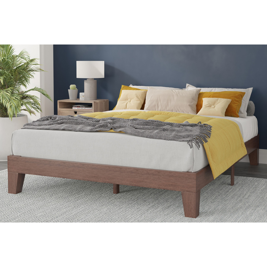 BLNK Evelyn Wood Platform Bed with Wooden Support Slats - Walnut, Queen Size