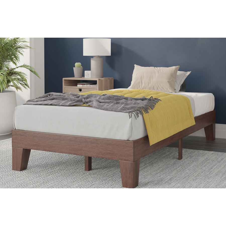 BLNK Evelyn Wood Platform Bed with Wooden Support Slats - Walnut, Twin Size