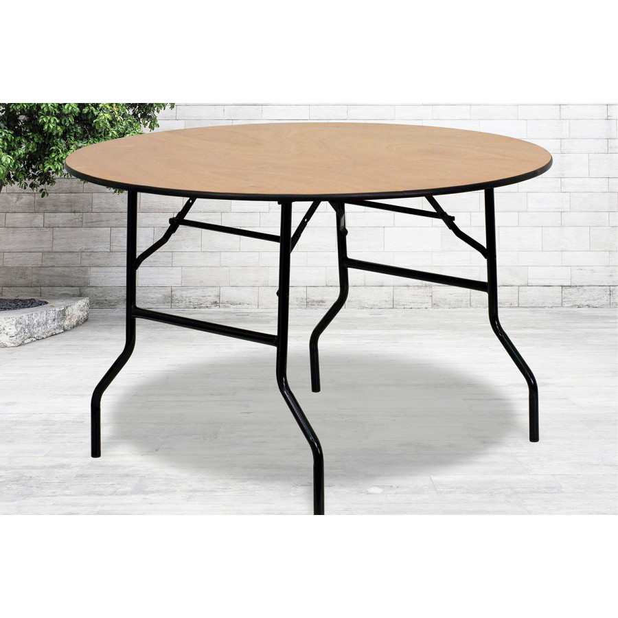 BLNK Furman Round Wood Folding Banquet Table with Clear Coated Finished Top - 4'D