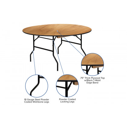 BLNK Furman Round Wood Folding Banquet Table with Clear Coated Finished Top - 5'D