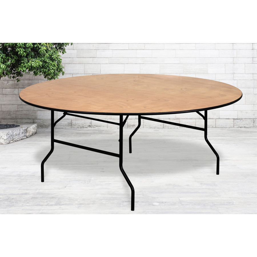 BLNK Furman Round Wood Folding Banquet Table with Clear Coated Finished Top - 6'D