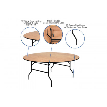 BLNK Furman Round Wood Folding Banquet Table with Clear Coated Finished Top - 6'D