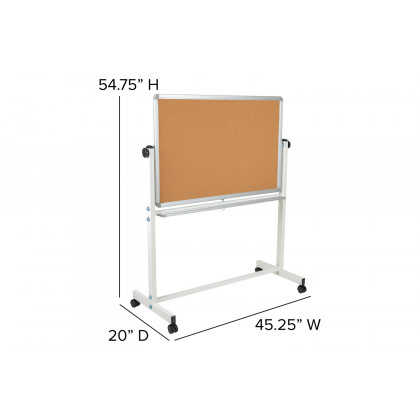 BLNK HERCULES Series Reversible Mobile Cork Bulletin Board and White Board with Pen Tray - 45.25"W x 54.75"H