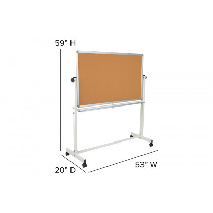 BLNK HERCULES Series Reversible Mobile Cork Bulletin Board and White Board with Pen Tray - 53"W x 59"H