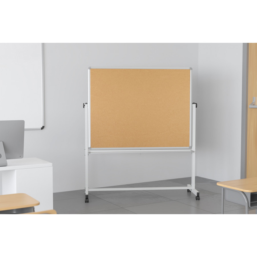 BLNK HERCULES Series Reversible Mobile Cork Bulletin Board and White Board with Pen Tray - 53"W x 62.5"H