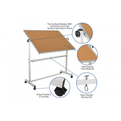 BLNK HERCULES Series Reversible Mobile Cork Bulletin Board and White Board with Pen Tray - 53"W x 62.5"H