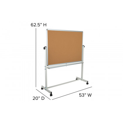 BLNK HERCULES Series Reversible Mobile Cork Bulletin Board and White Board with Pen Tray - 53"W x 62.5"H