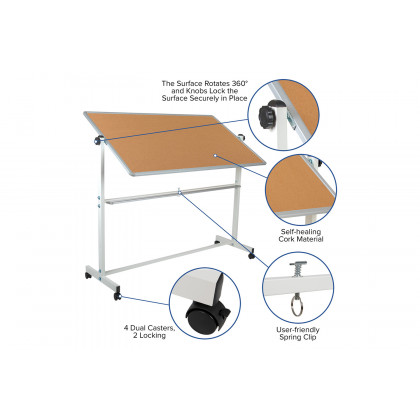 BLNK HERCULES Series Reversible Mobile Cork Bulletin Board and White Board with Pen Tray - 62.5"W x 62.25"H