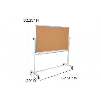 BLNK HERCULES Series Reversible Mobile Cork Bulletin Board and White Board with Pen Tray - 62.5"W x 62.25"H