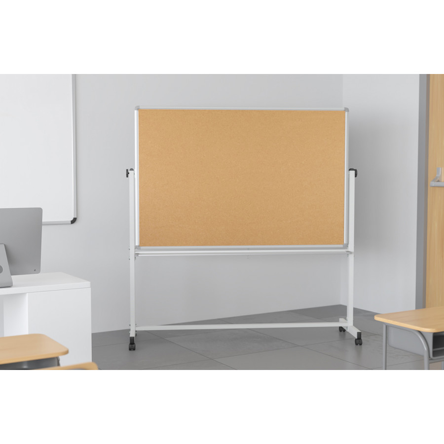 BLNK HERCULES Series Reversible Mobile Cork Bulletin Board and White Board with Pen Tray - 64.25"W x 64.75"H