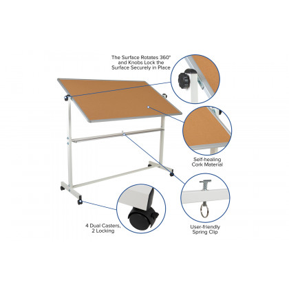 BLNK HERCULES Series Reversible Mobile Cork Bulletin Board and White Board with Pen Tray - 64.25"W x 64.75"H