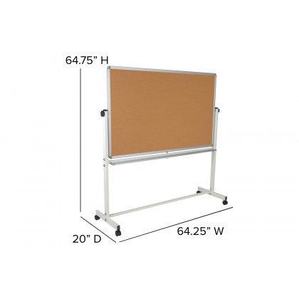 BLNK HERCULES Series Reversible Mobile Cork Bulletin Board and White Board with Pen Tray - 64.25"W x 64.75"H