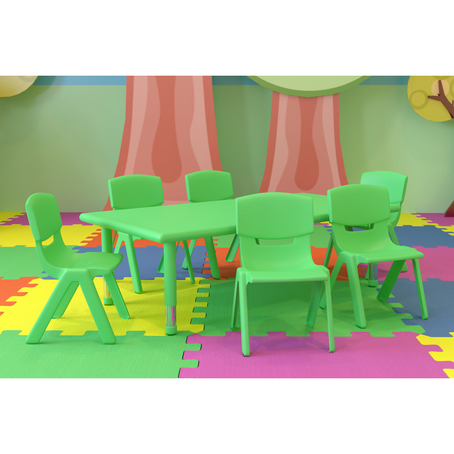 BLNK Emmy Rectangular Plastic Height Adjustable Activity Table Set - Green, 24"W x 48"L, with 6 Chairs