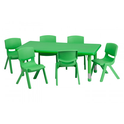 BLNK Emmy Rectangular Plastic Height Adjustable Activity Table Set - Green, 24"W x 48"L, with 6 Chairs