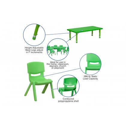 BLNK Emmy Rectangular Plastic Height Adjustable Activity Table Set - Green, 24"W x 48"L, with 6 Chairs