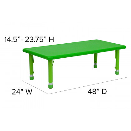 BLNK Emmy Rectangular Plastic Height Adjustable Activity Table Set - Green, 24"W x 48"L, with 6 Chairs