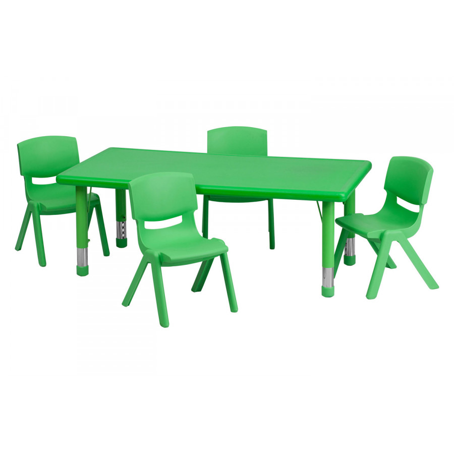 BLNK Emmy Rectangular Plastic Height Adjustable Activity Table Set - Green, 24"W x 48"L, with 4 Chairs