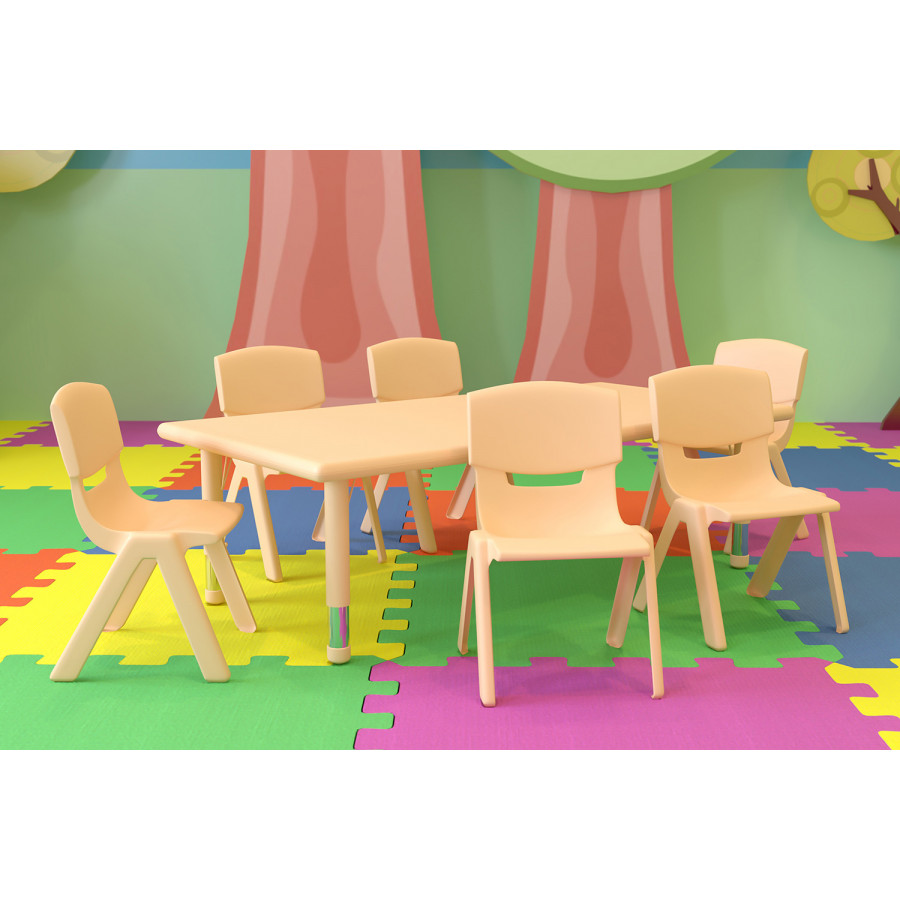 BLNK Emmy Rectangular Plastic Height Adjustable Activity Table Set - Natural, 24"W x 48"L, with 6 Chairs