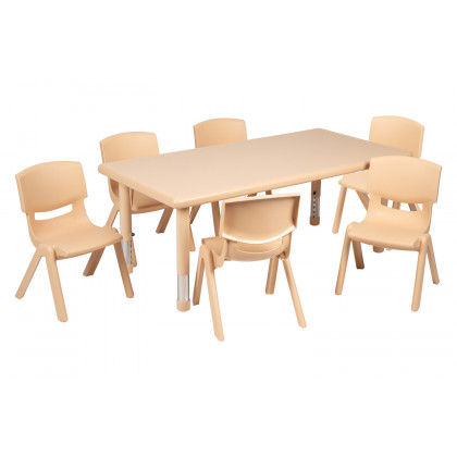 BLNK Emmy Rectangular Plastic Height Adjustable Activity Table Set - Natural, 24"W x 48"L, with 6 Chairs