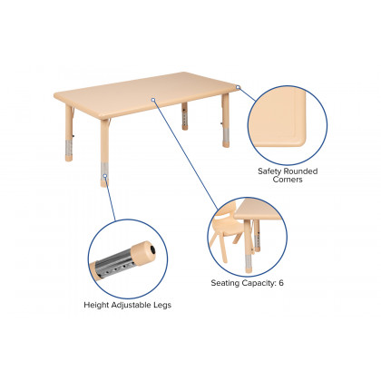 BLNK Emmy Rectangular Plastic Height Adjustable Activity Table Set - Natural, 24"W x 48"L, with 6 Chairs