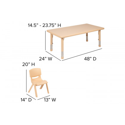 BLNK Emmy Rectangular Plastic Height Adjustable Activity Table Set - Natural, 24"W x 48"L, with 6 Chairs