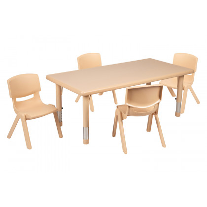 BLNK Emmy Rectangular Plastic Height Adjustable Activity Table Set - Natural, 24"W x 48"L, with 4 Chairs