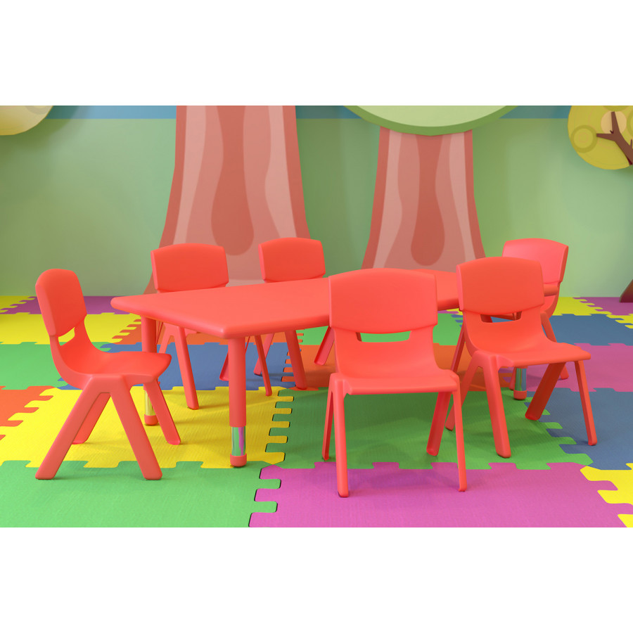 BLNK Emmy Rectangular Plastic Height Adjustable Activity Table Set - Red, 24"W x 48"L, with 6 Chairs