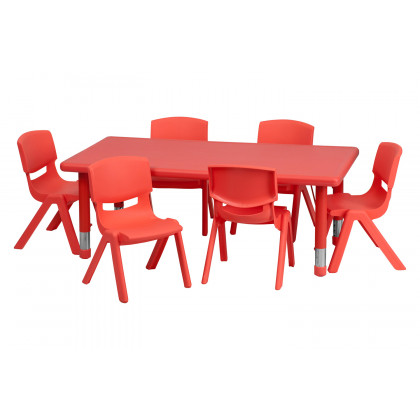 BLNK Emmy Rectangular Plastic Height Adjustable Activity Table Set - Red, 24"W x 48"L, with 6 Chairs