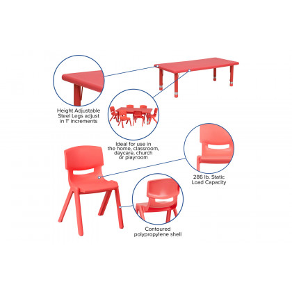 BLNK Emmy Rectangular Plastic Height Adjustable Activity Table Set - Red, 24"W x 48"L, with 6 Chairs