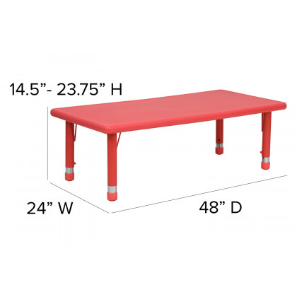 BLNK Emmy Rectangular Plastic Height Adjustable Activity Table Set - Red, 24"W x 48"L, with 6 Chairs