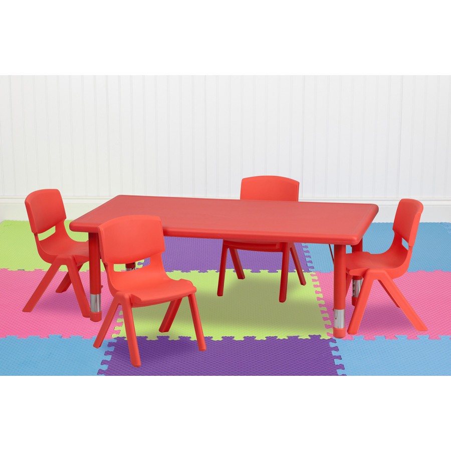 BLNK Emmy Rectangular Plastic Height Adjustable Activity Table Set - Red, 24"W x 48"L, with 4 Chairs