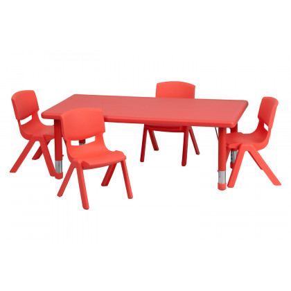 BLNK Emmy Rectangular Plastic Height Adjustable Activity Table Set - Red, 24"W x 48"L, with 4 Chairs