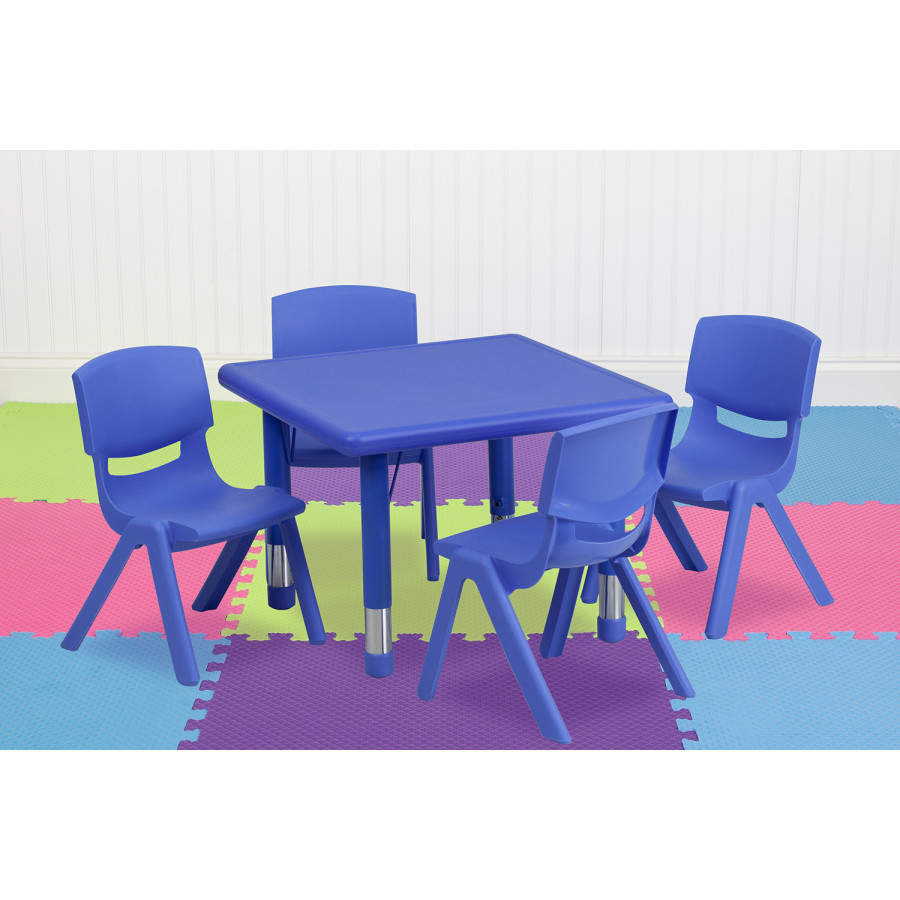 BLNK Emmy Square Plastic Height Adjustable Activity Table Set - Blue, 24"W, with 4 Chairs