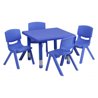 BLNK Emmy Square Plastic Height Adjustable Activity Table Set - Blue, 24"W, with 4 Chairs