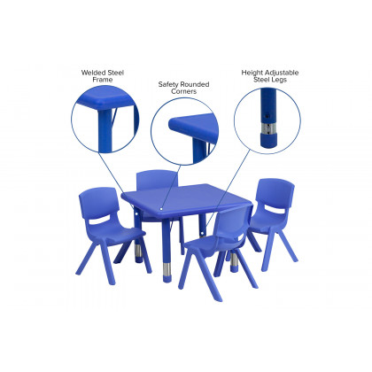 BLNK Emmy Square Plastic Height Adjustable Activity Table Set - Blue, 24"W, with 4 Chairs