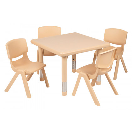 BLNK Emmy Square Plastic Height Adjustable Activity Table Set - Natural, 24"W, with 4 Chairs