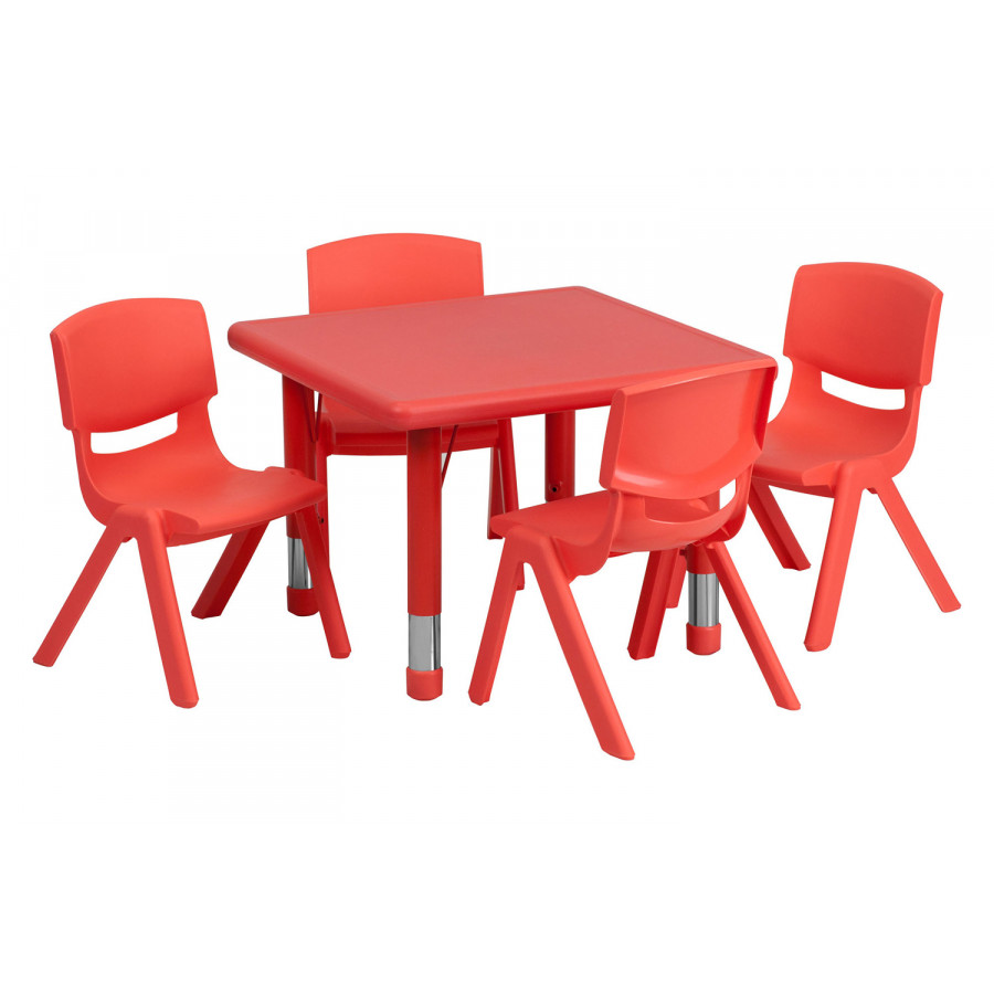 BLNK Emmy Square Plastic Height Adjustable Activity Table Set - Red, 24"W, with 4 Chairs