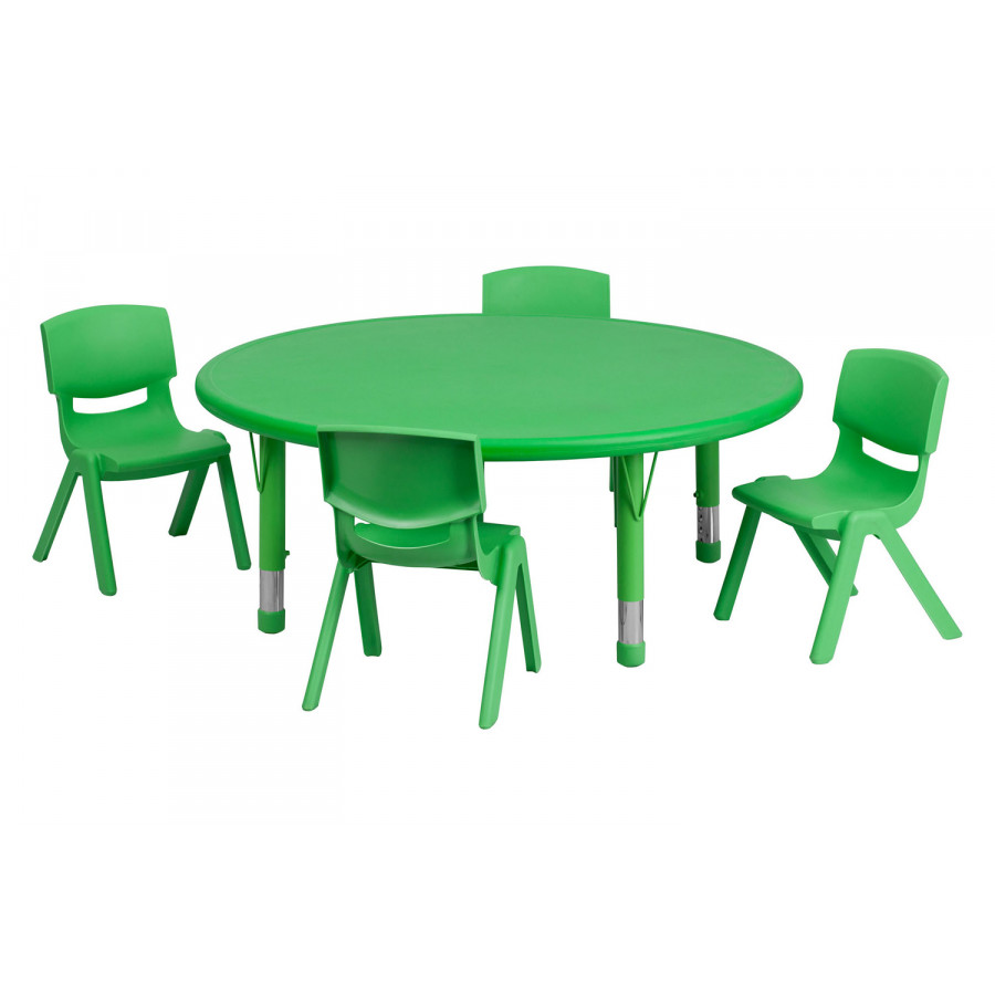 BLNK Emmy Round Plastic Height Adjustable Activity Table Set - Green, 45"D, with 4 Chairs