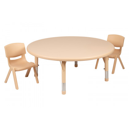 BLNK Emmy Round Plastic Height Adjustable Activity Table Set - Natural, 45"D, with 2 Chairs