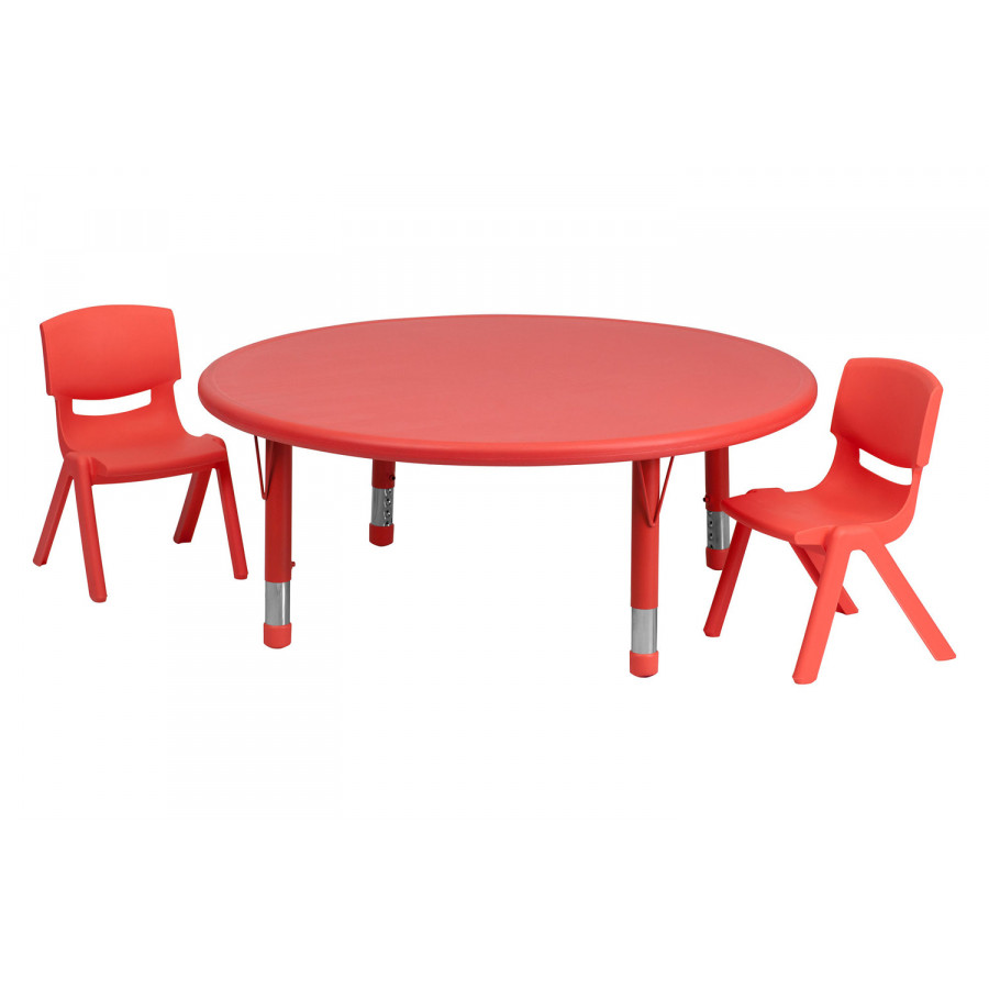 BLNK Emmy Round Plastic Height Adjustable Activity Table Set - Red, 45"D, with 2 Chairs