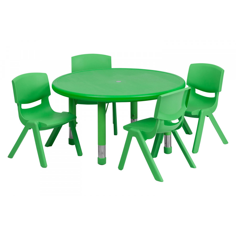 BLNK Emmy Round Plastic Height Adjustable Activity Table Set - Green, 33"D, with 4 Chairs