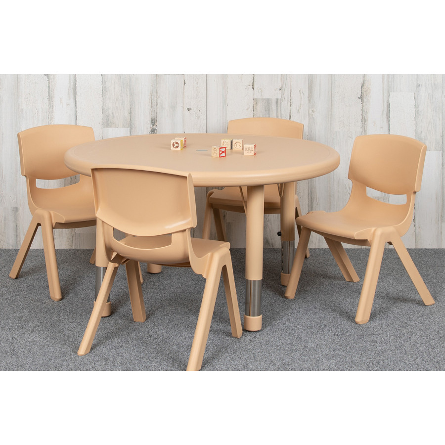 BLNK Emmy Round Plastic Height Adjustable Activity Table Set - Natural, 33"D, with 4 Chairs