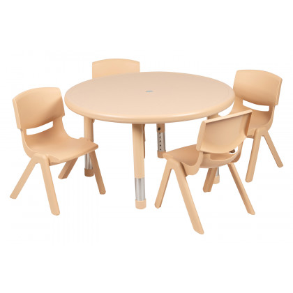 BLNK Emmy Round Plastic Height Adjustable Activity Table Set - Natural, 33"D, with 4 Chairs
