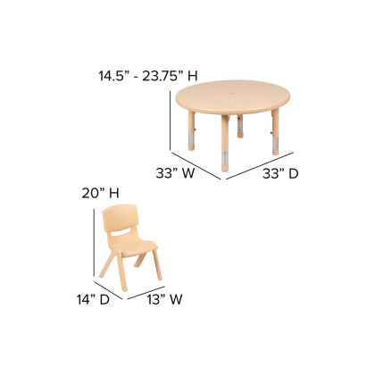 BLNK Emmy Round Plastic Height Adjustable Activity Table Set - Natural, 33"D, with 4 Chairs