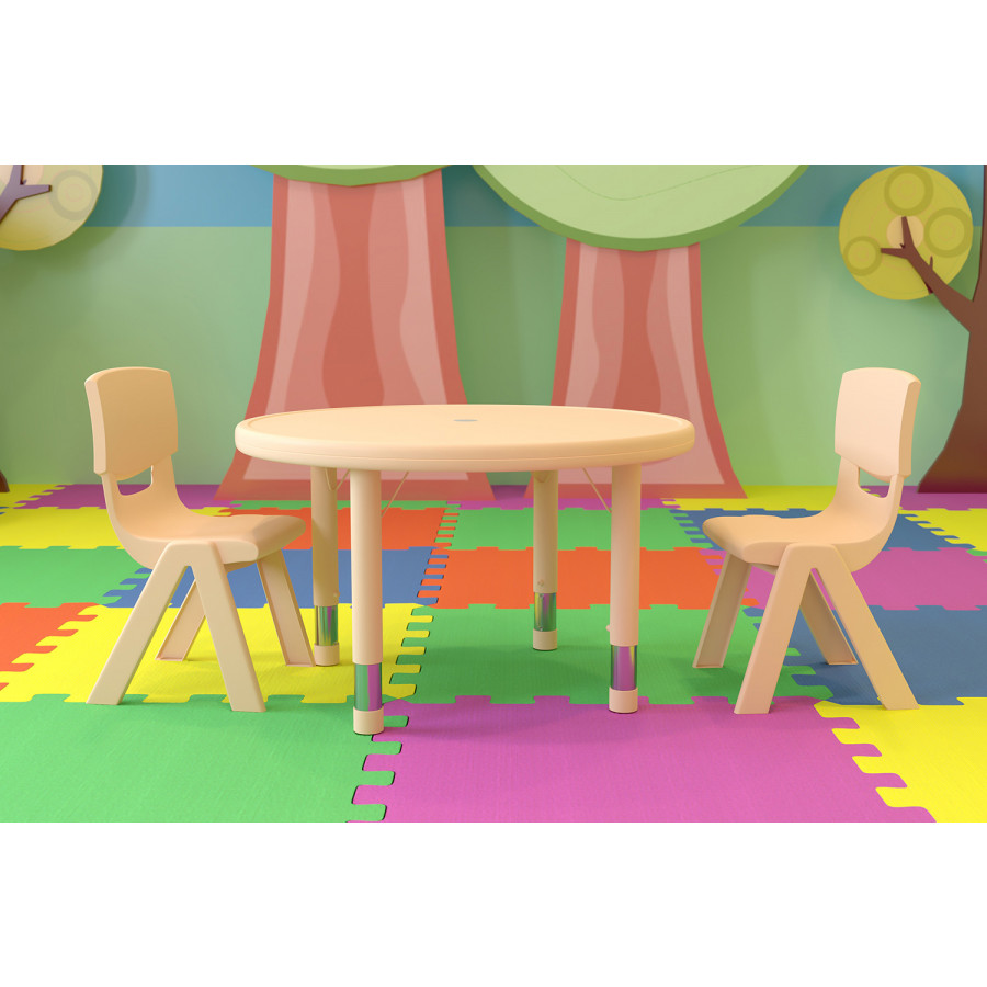 BLNK Emmy Round Plastic Height Adjustable Activity Table Set - Natural, 33"D, with 2 Chairs