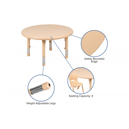 BLNK Emmy Round Plastic Height Adjustable Activity Table Set - Natural, 33"D, with 2 Chairs