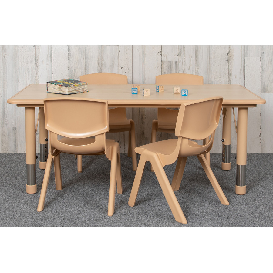 BLNK Emmy Rectangular Plastic Height Adjustable Activity Table Set - Natural, 23.625"W x 47.25"L, with 4 Chairs