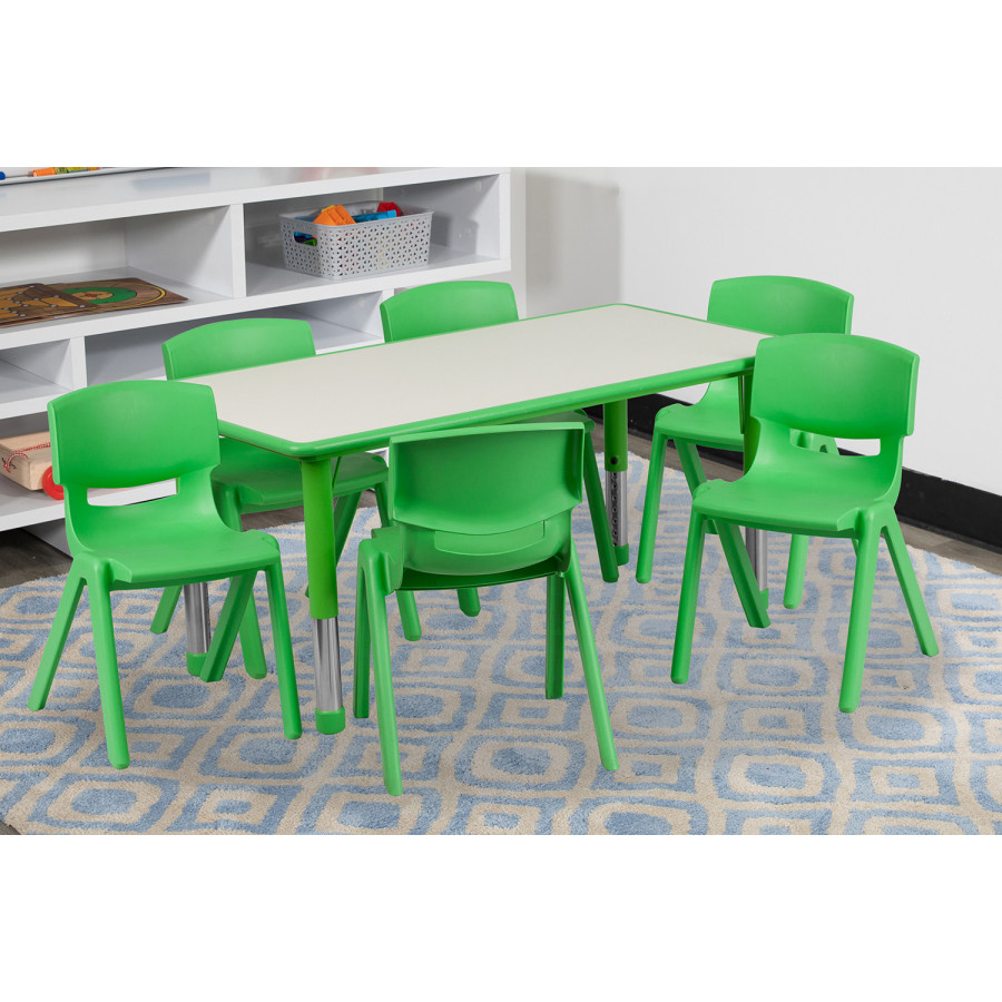 BLNK Emmy Rectangular Plastic Height Adjustable Activity Table Set - Green, 23.625"W x 47.25"L, with 6 Chairs