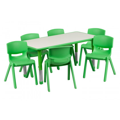 BLNK Emmy Rectangular Plastic Height Adjustable Activity Table Set - Green, 23.625"W x 47.25"L, with 6 Chairs