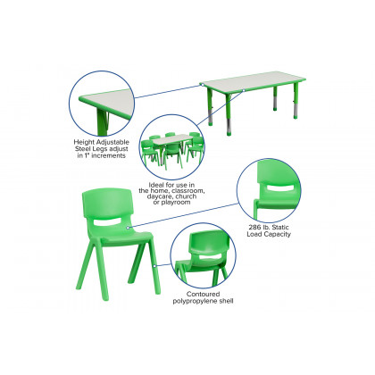 BLNK Emmy Rectangular Plastic Height Adjustable Activity Table Set - Green, 23.625"W x 47.25"L, with 6 Chairs